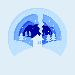 Obraz premium Paper cut style vector illustrations house in snow landscape