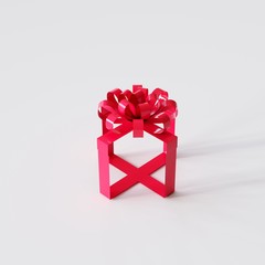 Red ribbon gift box on top view pink color background. Christmas idea concept. 3D Rendering.