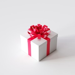 Obraz premium White gift box with red ribbon on white color background. Christmas idea concept. 3D Rendering.