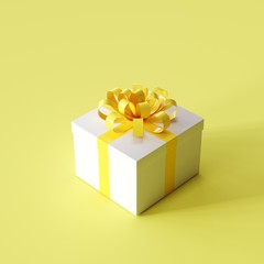 White gift box with yellow ribbon on yellow color background. Christmas idea concept. 3D Rendering.