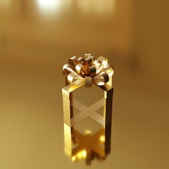 Gold ribbon gift box on gold color background. Christmas idea concept. 3D Rendering.