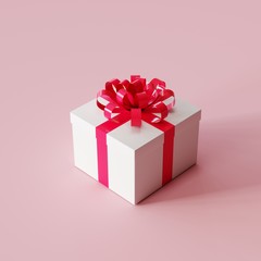 White gift box with red ribbon on pink color background. Christmas idea concept. 3D Rendering.