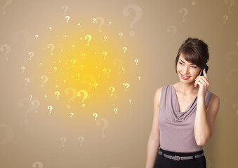 Young person presenting something with question sign concept