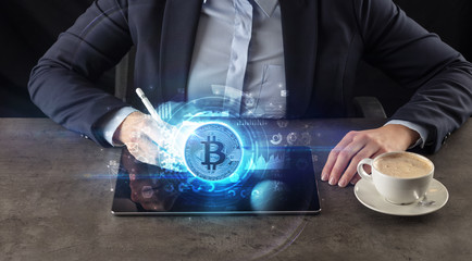 Business woman working on tablet with cryptocurrency and network concept