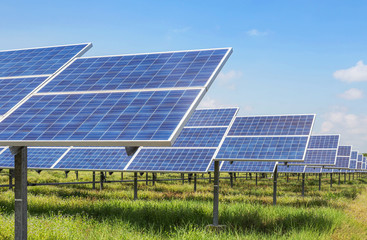 rows array of polycrystalline silicon solar cells or photovoltaic cells in solar power plant station turn up skyward absorb the sunlight from the sun 