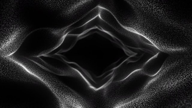 Travel through abstract particles tunnel. Glowing wormhole motion background
