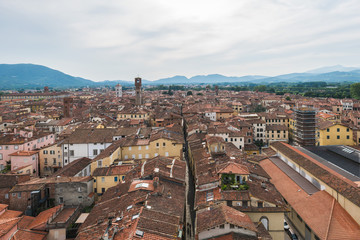 Aerial view of the cityscapes in Lucca, Tuscany, Italy