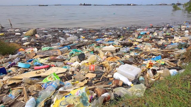 Plastic pollution. Plastic bags, bottles and other garbage pollute sea and beach. 