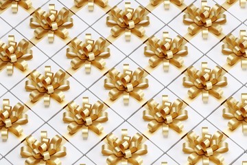 Close up White Gift box with gold ribbon. 3D Render. Christmas idea concept.