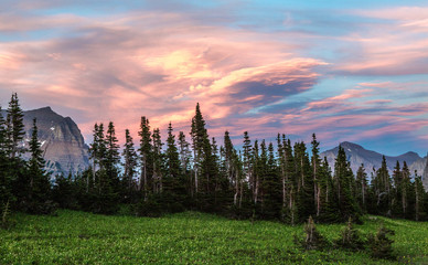 Spectacular sunset sky over mountain treeline. Twisty forest and mountain background.