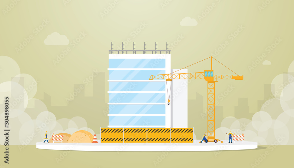 Poster building construction development with team worker engineer and crane with modern flat style - vecto