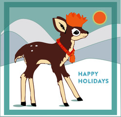 Happy Holidays Christmas deer in paper crown hat and bell 