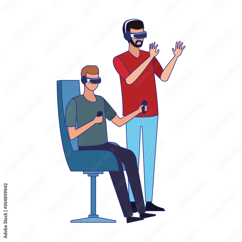 Poster men using technology of augmented reality vector design