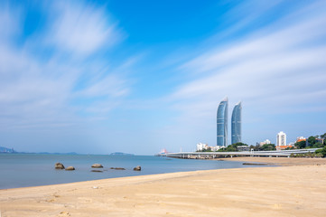 Panorama view of the Conrad Xiamen, Twin Towers/xiamen World Trade in Straits , including the Conrad Xiamen hotel, overlooking the South China Sea in Xiamen (Amoy), China.
