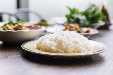 Close-up steamed rice in a plate served with blur foods background.