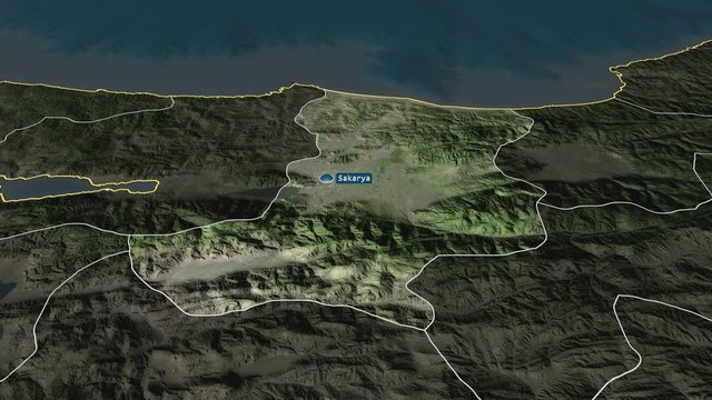 Sakarya - province of Turkey with its capital zoomed on the satellite map of the globe. Animation 3D