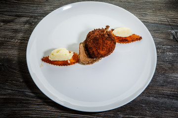 finely decorated tasty chicken kiev cutlet with mashed potato