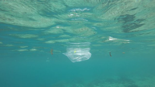 Plastic pollution in ocean. Underwater video of plastic bags, cups and straws 