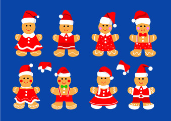 gingerbread cookie santa christmas set decorations and design isolated on blue background illustration vector 