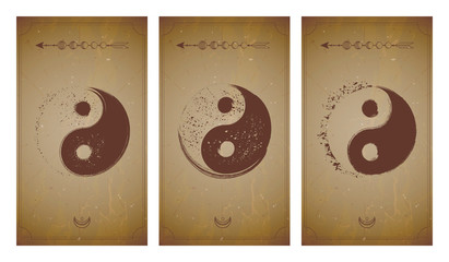 Vector set of three yin yang signs on vintage backgrounds with geometric shape and frames.