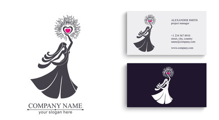 Logo of a woman with her hair in a long dress holding a burning heart in her hands. Vector template for beauty business or competition. Elegance and classic