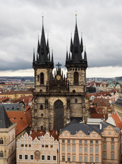 Fototapeta premium Church of Our Lady Before Tyn with stormy clouds on a winter day - Prague, Czech Republic