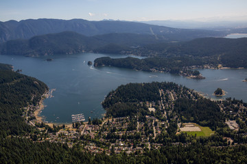 Aerial View of Deep Cove during a sunny summer morning. Located in North Vancouver, British Columbia, Canada.