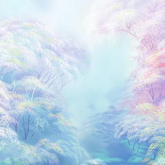 Colorful forest with trees in spring .Romantic digital painting 
