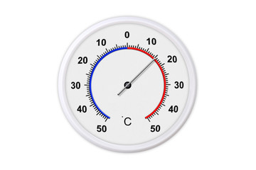 Celsius scale thermometer for measuring weather temperature.  Thermometer isolated on white background. Ambient temperature plus 15 degrees