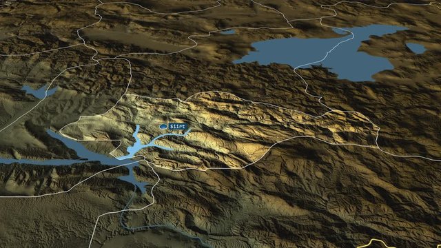 Siirt - province of Turkey with its capital zoomed on the physical map of the globe. Animation 3D