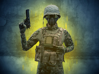 Hazard, menace soldier in a ruined crumbly building with arms on his hand