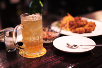 Nice dinner with beer,nuts,and fried chicken