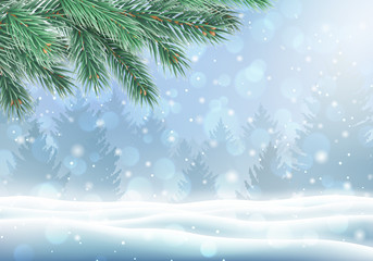 Magic winter background with branch of christmas tree. Merry Christmas and Happy New Year congratulation template with copy space. Coniferous forest and snowfall. Seasonal holidays vector illustration