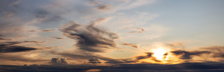Beautiful Panoramic View of Cloudscape during a colorful summer sunset. Taken on the West Coast of British Columbia, Canada.