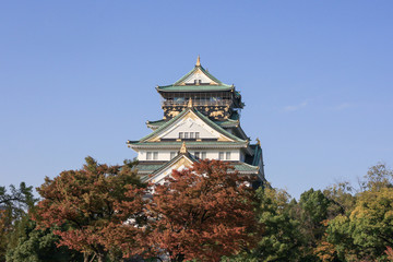 Obraz premium Beautiful view of the Osaka Castle in Osaka city with foliage leaves in autumn season.
