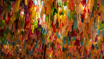 Beautiful colorful hang old style Thai paper lanterns background.