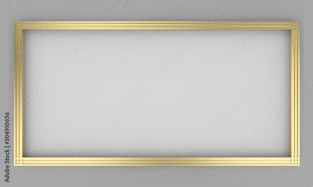 Poster 3d rendering. empty white rectangle shape board gold frame on gray background.