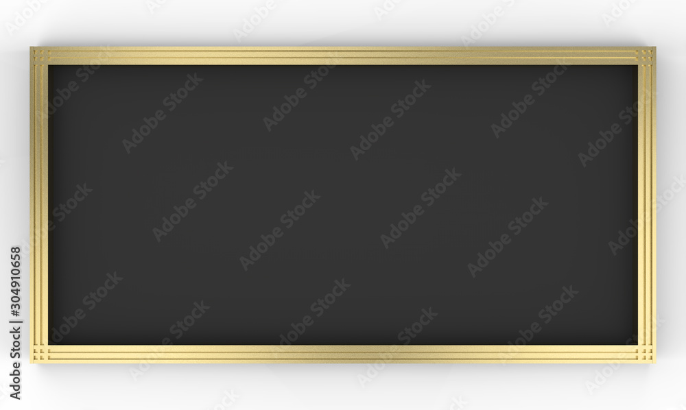 Poster 3d rendering. empty black rectangle shape board golden frame on gray background.