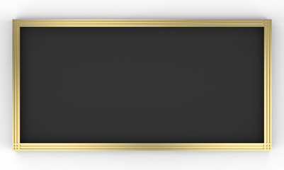 3d rendering. Empty black rectangle shape board golden frame on gray background.