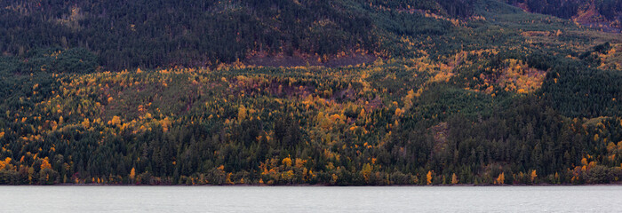 Beautiful Panoramic Landscape View of Canadian Nature during a Cloudy Autumn Day. Taken at Lillooet Lake, Pemberton, British Columbia, Canada.