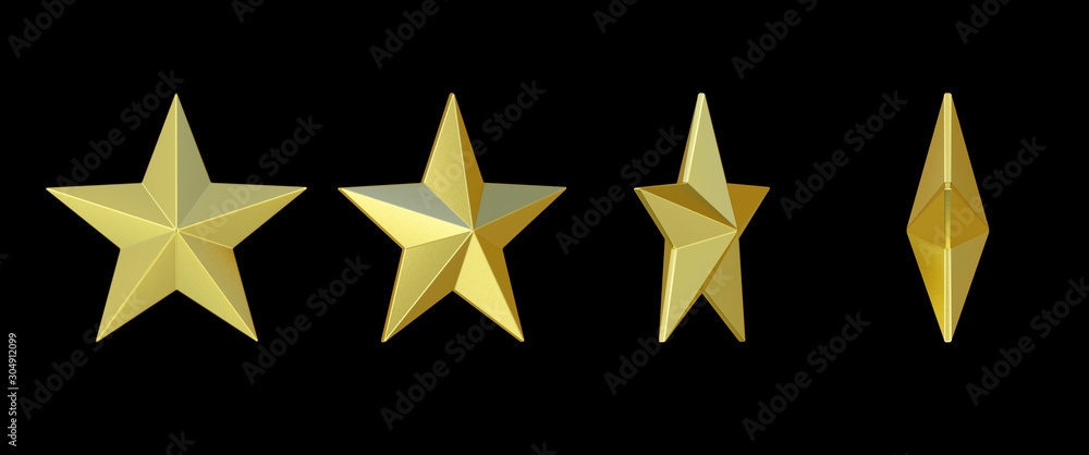 Poster 3d rendering. several side view of golden star with clipping path collection set isolated on black b