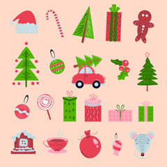 Fototapeta na wymiar set of icons for christmas and new year. christmas element colorful doodle. flat design illustration