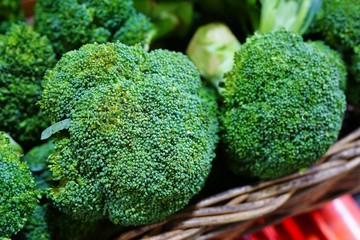 Basket of fresh green organic broccoli