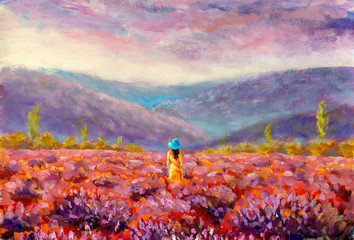 Original impressionism painting Provence, France. Girl woman in yellow dress and hat walking trough lavender fields at sunset warm summer romantic landscape.