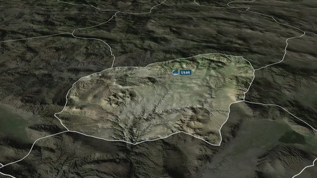 Usak - province of Turkey with its capital zoomed on the satellite map of the globe. Animation 3D