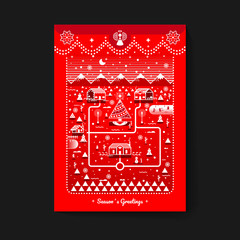 Fantastica tarjeta navideña roja de casas y familias 