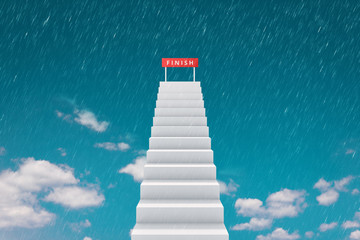 High of stair and finishing line on top sky background with raining competition concept. Road to successful or victory goal on stairway. Realistic 3D rendering.