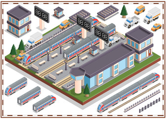 Railway Station. A set of elements. Isometric. Isolated on white background. Vector illustration.