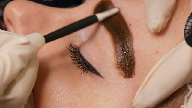 Microblading hair brow. Eyebrow tattoo and permanent makeup. Master in gloves evenly applies pigment to eyebrow skin