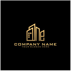 Fototapeta premium Letter NE With Building For Construction Company Logo